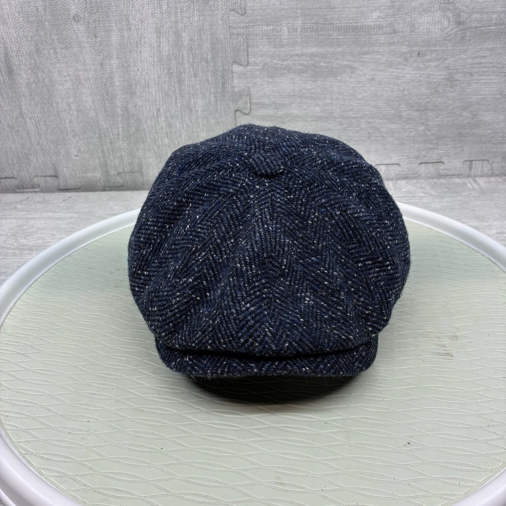 Herman Headwear City Flat Cap Mens 59 Navy Blue Wool Herringbone Made in Italy